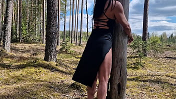 Handcuffed milf on the tree in public forest and fucking her good