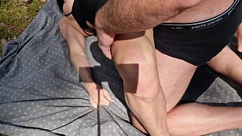 Handcuffed milf on the tree in public forest and fucking her good