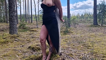Handcuffed milf on the tree in public forest and fucking her good