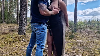 Handcuffed milf on the tree in public forest and fucking her good