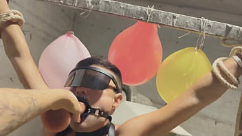 Femdom dominant girl mistress tied bondage guy at car parking sucked and fucked his mouth with dildo teens