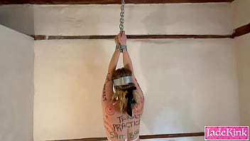 Tied up trash bag slut body writing and humiliation