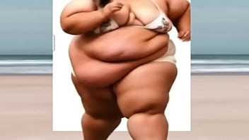 Ssbbw jiggles her fat exercising on the beach ai generated