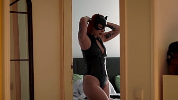 Step mom in catwoman suit tricks step son into hot sharebed sex