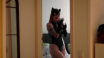 Step mom in catwoman suit tricks step son into hot sharebed sex