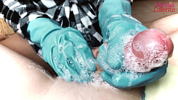 Spanish cleaning lady washes the client's cock and jerks him off