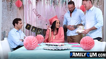 Roxie sinner takes on three step cocks familycum