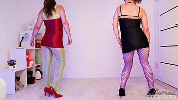 401 two bitches in layered shiny nylons and fishnets seduce you