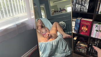 Horny nerd watches her pussy get creamy playing with a bbc