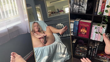 Horny nerd watches her pussy get creamy playing with a bbc