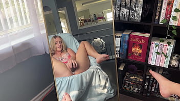 Horny nerd watches her pussy get creamy playing with a bbc