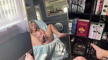 Horny nerd watches her pussy get creamy playing with a bbc