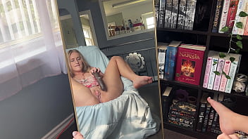 Horny nerd watches her pussy get creamy playing with a bbc