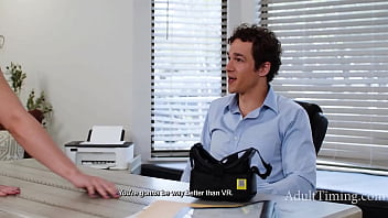Curly big big butt cleaning lady surprises dude watching porn in vr headset