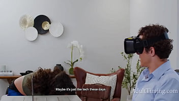 Curly big big butt cleaning lady surprises dude watching porn in vr headset