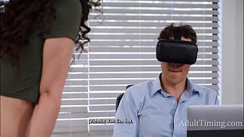 Curly big big butt cleaning lady surprises dude watching porn in vr headset