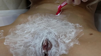 Shaving hairy pussy of a beautiful blonde real pov close up