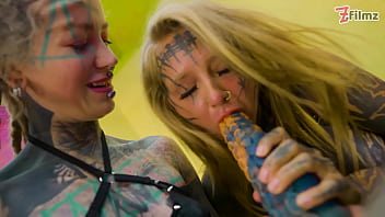 Heavy tattooed lesbian toy ride anal atm and fantasy dildo fun