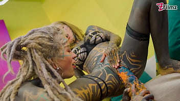 Heavy tattooed lesbian toy ride anal atm and fantasy dildo fun