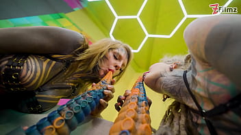 Heavy tattooed lesbian toy ride anal atm and fantasy dildo fun