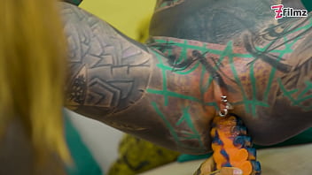 Heavy tattooed lesbian toy ride anal atm and fantasy dildo fun