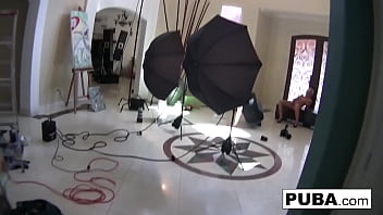 Busty babe rubs her wet pussy