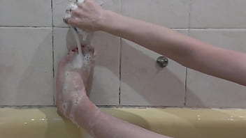 Beautiful cute sweet sexy naked girl assol takes bath soapy foam on pussy boobs nipples ass feet hands wet pussy natural tits in bathroom