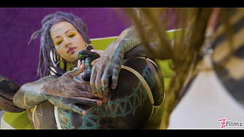 Tatted teens ramming huge toys into each other’s holes