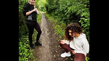 Lady ana pisses in front of rebel rhyder in the woodspeeing