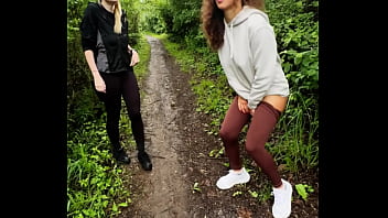 Lady ana pisses in front of rebel rhyder in the woodspeeing