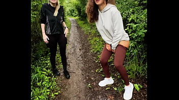 Lady ana pisses in front of rebel rhyder in the woodspeeing