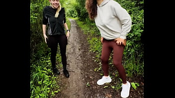 Lady ana pisses in front of rebel rhyder in the woodspeeing