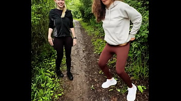 Lady ana pisses in front of rebel rhyder in the woodspeeing