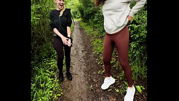 Lady ana pisses in front of rebel rhyder in the woodspeeing