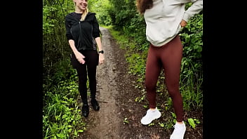 Lady ana pisses in front of rebel rhyder in the woodspeeing