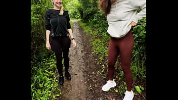 Lady ana pisses in front of rebel rhyder in the woodspeeing