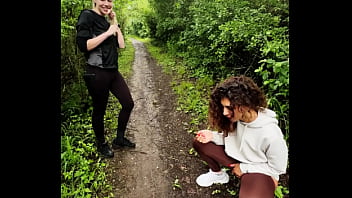 Lady ana pisses in front of rebel rhyder in the woodspeeing