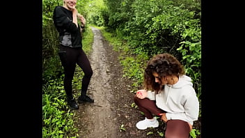 Lady ana pisses in front of rebel rhyder in the woodspeeing