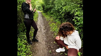 Lady ana pisses in front of rebel rhyder in the woodspeeing