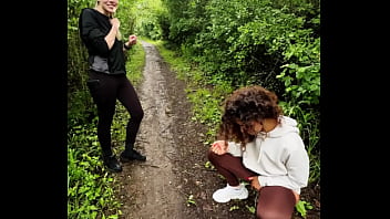 Lady ana pisses in front of rebel rhyder in the woodspeeing