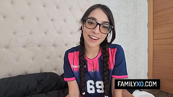 Horny teen seduce stepdad by showing him her wet pussy and getting a creampie after