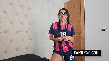 Horny teen seduce stepdad by showing him her wet pussy and getting a creampie after