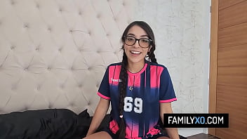 Horny teen seduce stepdad by showing him her wet pussy and getting a creampie after