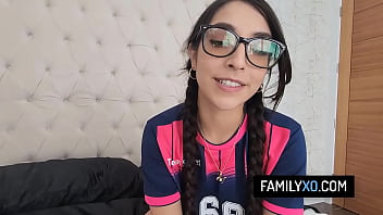 Horny teen seduce stepdad by showing him her wet pussy and getting a creampie after