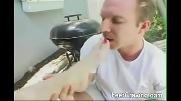 Blonde red bikini black transparent high heels courtyard