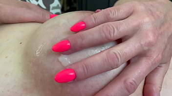 Pierced nipples playing after cum on my tits at morning