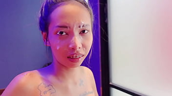 Huge facial for skinny slut