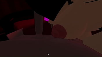 A dark man is given a handjob by a goth girl in a club