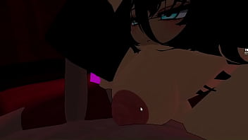 A dark man is given a handjob by a goth girl in a club