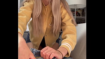 Sexy blonde fingering my cock cumming profusely